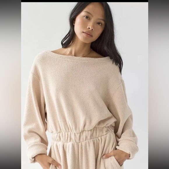 Free People Cream Jumpsuit Relaxed Fit High-Waisted soft terry cloth casual XS - Picture 2 of 11